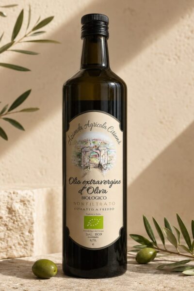 Sycylijska oliwa z oliwek extra vergine BIO marki Azienda Agricola Cirinnà w eleganckiej szklanej butelce 0,75 l